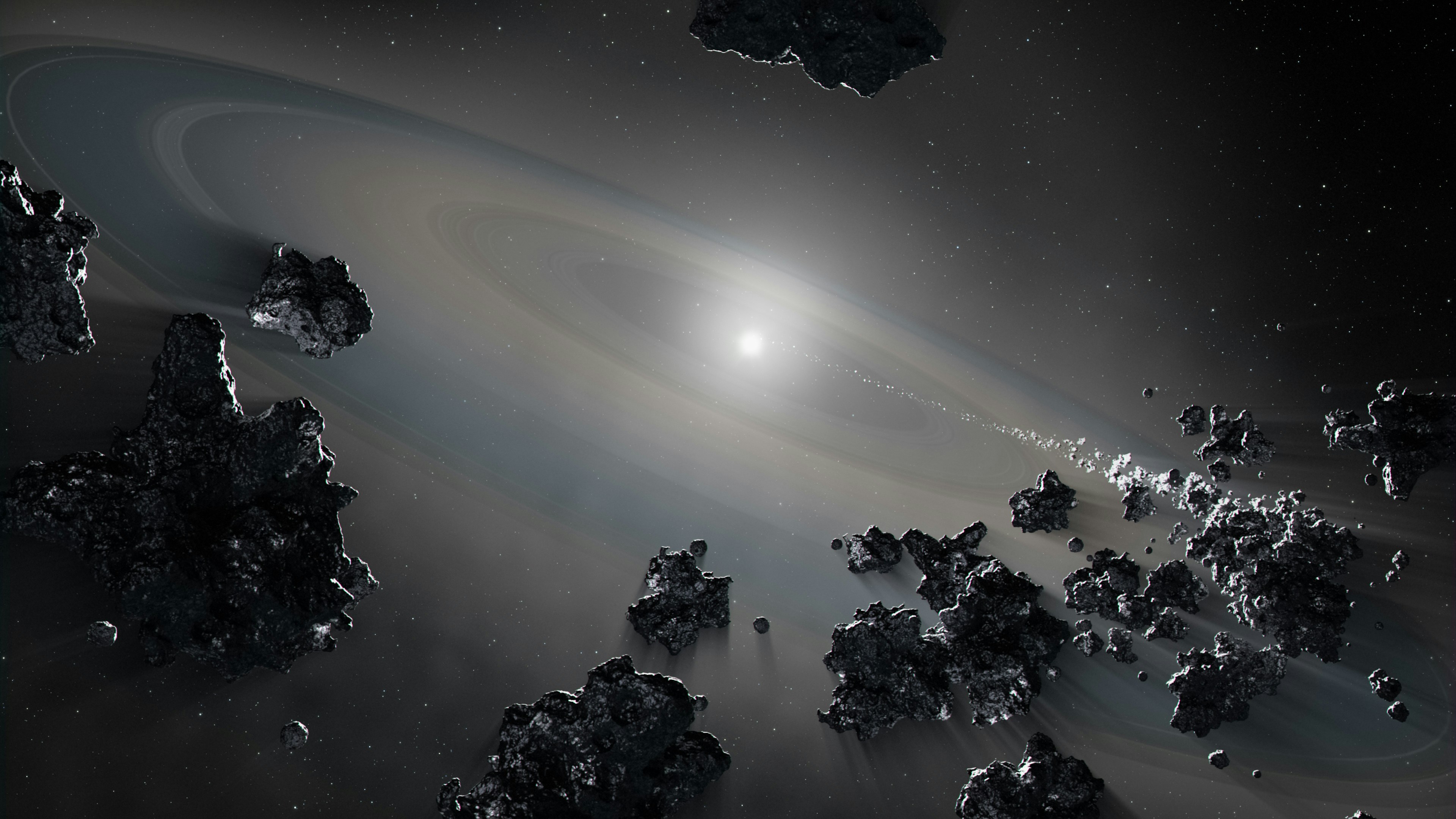 A ring of asteroids in a chain around a star.